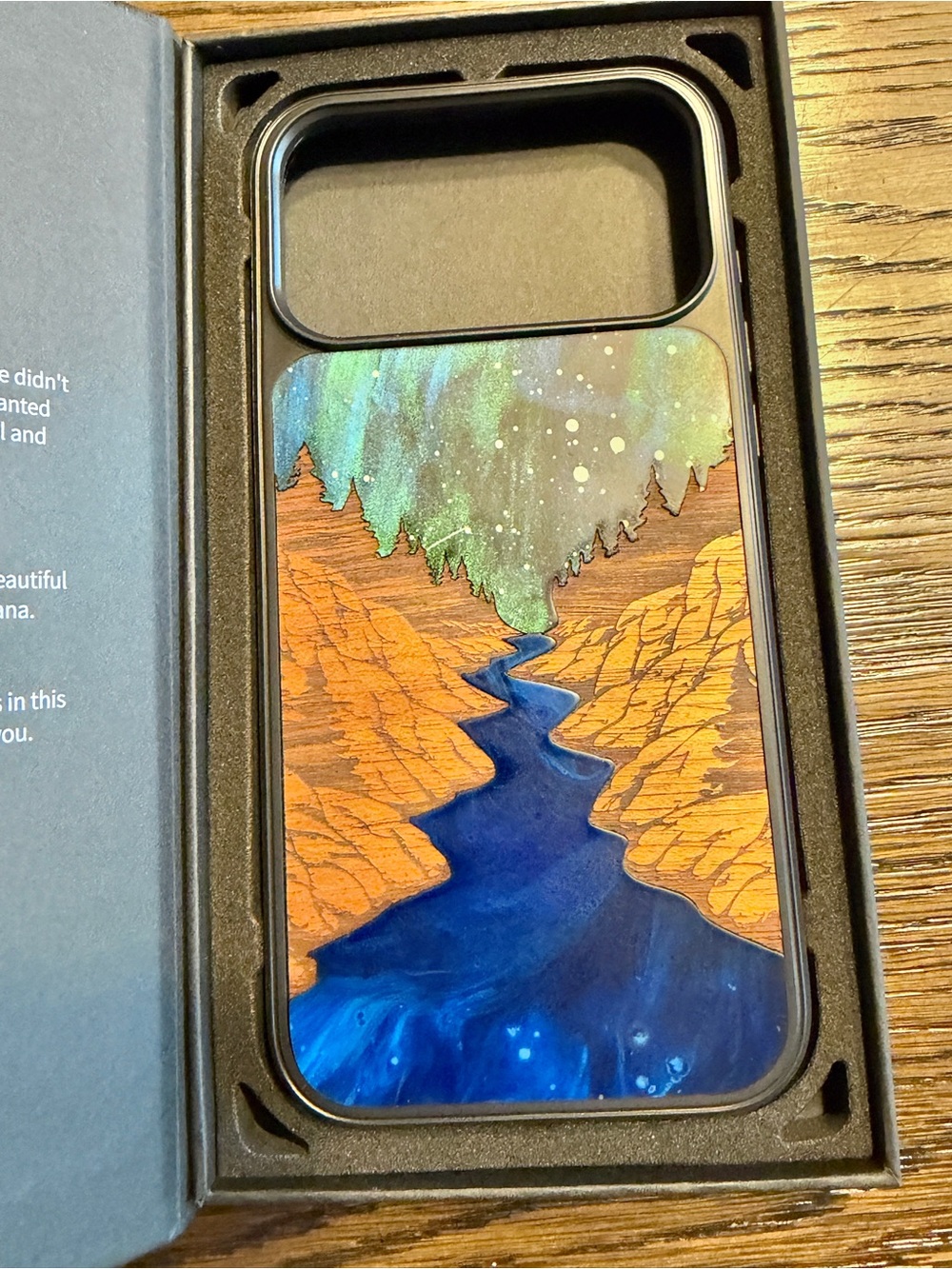 NIB Carved iPhone 18 Pro Phone Case Resin and Wood Flow Mountains, River, Aurora